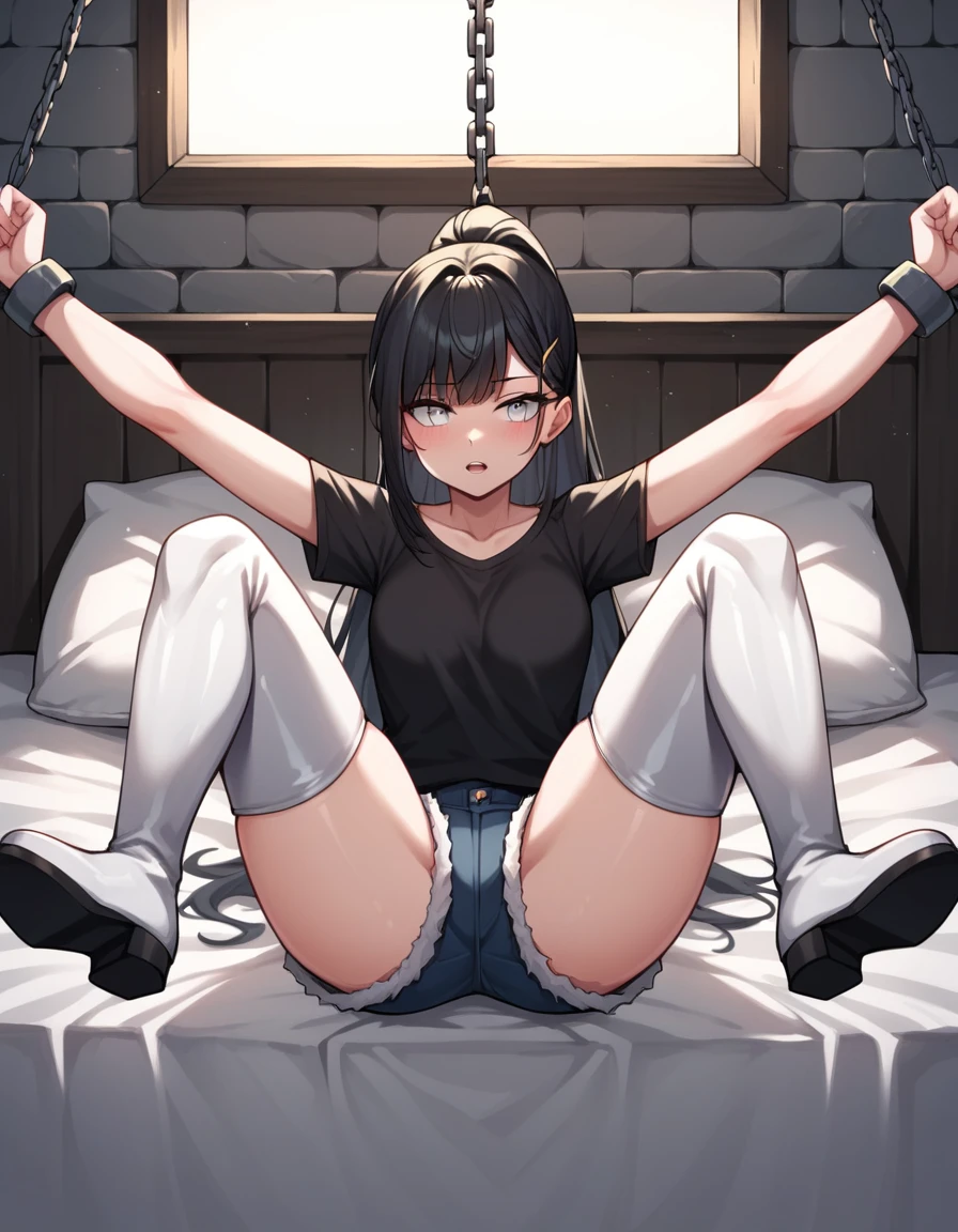score_9, score_8_up, score_7_up, score_6_up, score_5_up, score_4_up, source_anime, 1girl,bed, black hair, ponytail, white eyes, w-w-chain, shackles, spread arms,crossed legs, long hair, black shirt, shorts,thigh high boots,white boots, dungeon, best quality, best res, 4K UHD,