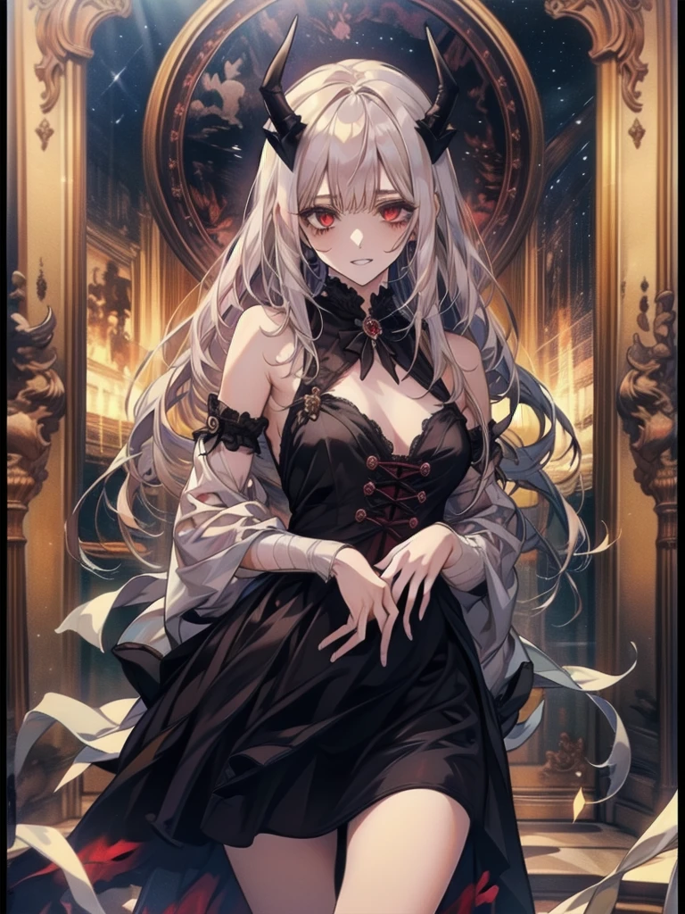 (Highest quality, masterpiece, 超High resolution), (8k wallpaper, High resolution, High resolution, born), (credibility: 1.4), (whole bodyショット), One girl, ((Anime Girls)), ((Fantasy Witch Costume)), ((Flowing white hair)), Female curves, Large Breasts, Thick thighs, Sexy flat stomach, 完璧なhand, 完璧なアニメのface, ((dark lolita dress)), Are standing, ((Wicked Smile)), In the Victorian city, gaslight, Steam circulates, Moonlight Illumination, night間照明, A sky filled with stars and galaxies,disaster々new devil horns,アニメzombie魔女デザイン, ねじれた笑face、Bloodまみれの、頭からの出Blood、Bloodしぶき、,(Bloodしぶき:1.6),Crossbones, skull, Streetwear Design, Provector, Horror Style, Full Design, Huge breasts, Very detailed, Realistic, Dark fantasy, Gloomy atmosphere, Intricate details, Crazy Smile, 狂ったeye, A cute and luxurious hair band,(masterpiece:1.2, Highest quality), Scary atmosphere、Distorted facial expressions、Horror Art、Bloodの雨、Bloodを流す、Bloodしぶき,(Bloodしぶき:1.6),悪魔のeye、redいeye、scar、火scar、whole body、Torn hair of a woman dressed in slave clothing、(Long Hair)、(eyeにかかる長さの前髪)、Black Hair、(((eyeの下のクマ)))、青白いskin、Feeling unwell、Pathological、邪悪な笑face、狂ったeye、(Grin)Dramatic makeup,Create mixed media art、,Horror 1 Girl, Open_mouth, , red_eye, Blood, Tilt_red_skin, Injury, Blood_in addition_face, Bandaged_arm, Blood_in addition_zombie, Blood_in addition_hand , Open your eyelids wide, The trend is all, mouthを大きくOpen, mouthを開けてteethをむき出しにする,獣のような鋭いteeth, Wide lips, 非常に広いmouth, Vermilion cheeks, blonde, ,(Bloodしぶき:1.6),Princess Cut, Ribbon hair ornament, brooch, Otaku Room, Well-built body, Nice body, Ample breasts, Thick body,eyeを大きく開いて、Scary atmosphere、Distorted facial expressions、ねじれた笑face、Bloodまみれの、頭からの出Blood、Bloodしぶき、whole body、,(Bloodしぶき:1.6),Long Hair、Long bangs、Well-built,Broad shoulders,I focus,(face),Messy Hair,いeye,(光るeye),red信号,笑face,big 笑face,teeth,psycho 笑face,gesugao,Dark city background,darkness,night,(close),良いeye, 良いteeth,サディスティックな笑face,,all,光沢のあるskin,詳細なface,Beautiful body, mouthからの白い息 Luxurious lace long gloves