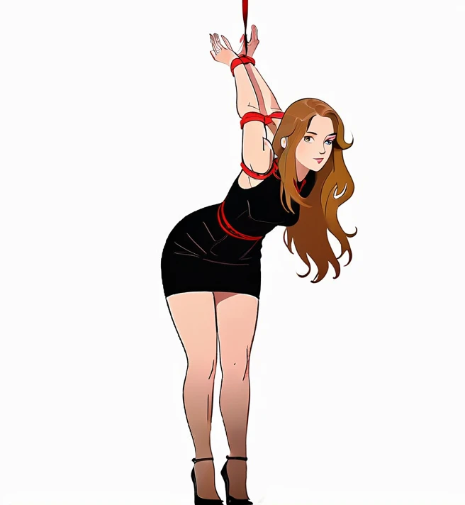 (graphic novel illustration, lineart:1.5),white background, shadow, strappado, bound wrists, a beautiful woman, long hair, , looking at viewer, from front, (bent over), bound wrists, full body, flat color, narrow waist, biting lips, very short black dress, black high heels, red rope, thin, shadow, arms up, wide hips, hourglass figure