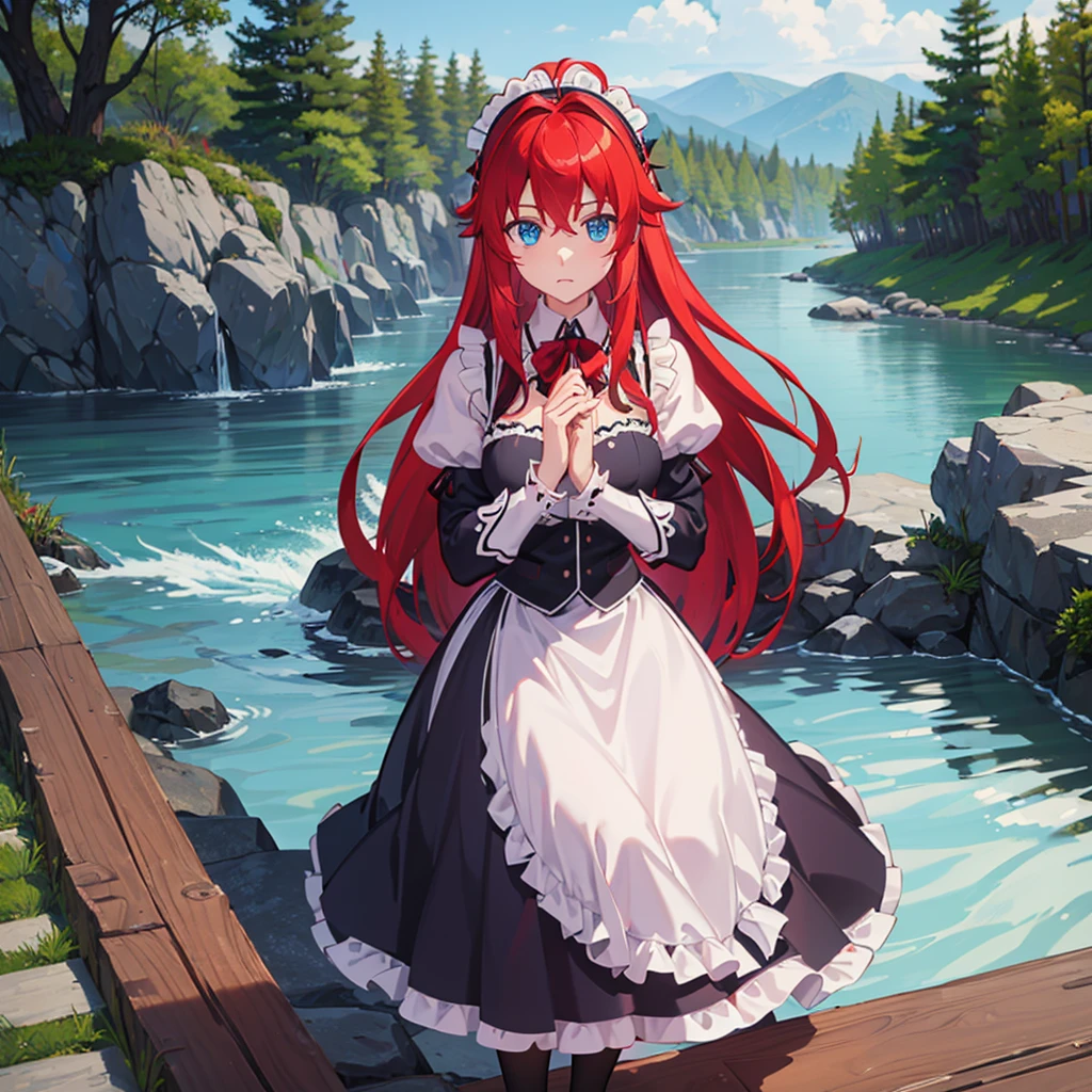 ((best quality)), ((masterpiece)), (detailed), perfect face, perfect budy, 1girl,solo, red hair, long hair, blue eyes, ahoge,gothic lolita,fine-grained cloth ,frilled mini skirt,puffy sleeves,juliet sleeves, hairband,maid, maid clothes,maid apron, maid headdress,frilled skirt,garden,upper body