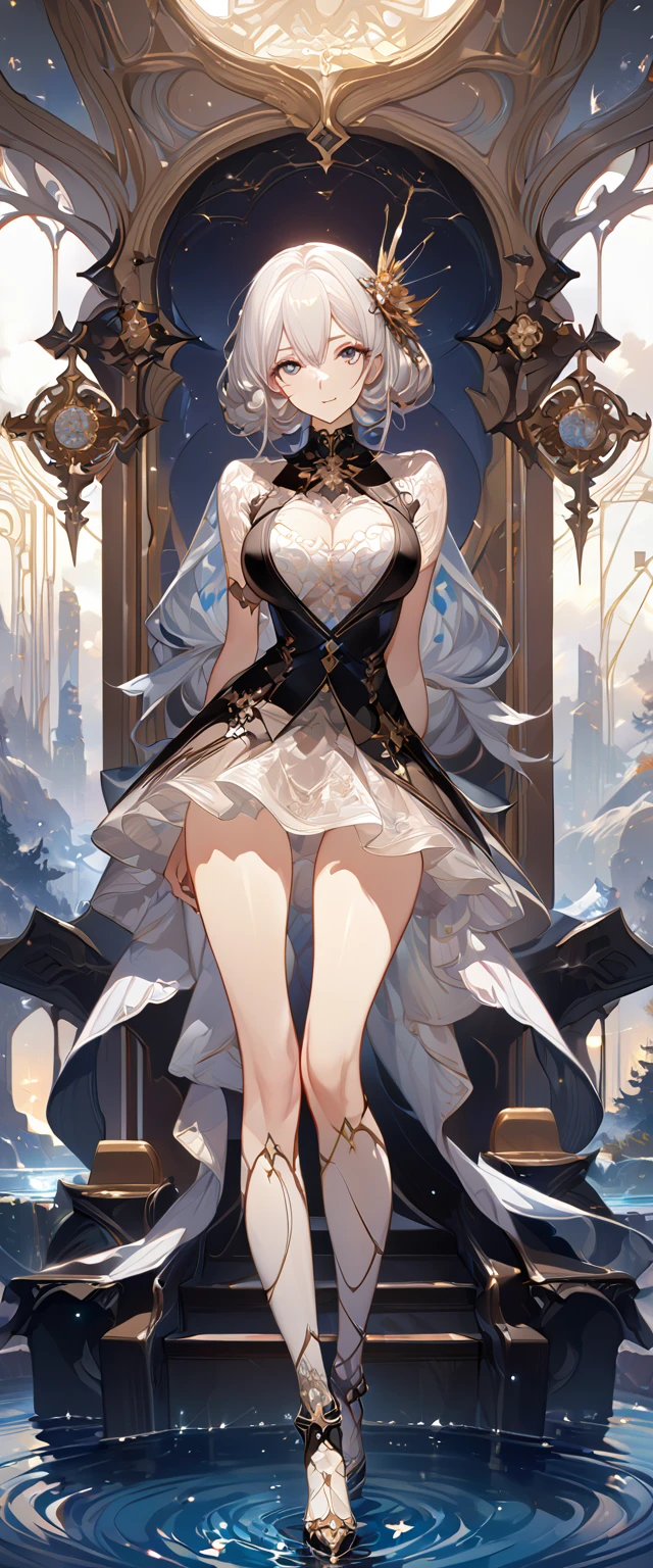 best quality ,masterpiece, illustration, an extremely delicate and beautiful, extremely detailed ,CG ,unity ,8k wallpaper, Amazing, finely detail, masterpiece, best quality, official art, extremely detailed CG unity 8k wallpaper, solo, thigh focus, (full body), arms behind back, white background, finely detailed face and eyes, extreme detail, detailed face, detailed hair, detailed clothes, high quality, slim body, big chest, water, masterpiece:1.3, focus:1.2, skirt, short skirt, transparent skirt, lace skirt, all kind of pose, big , hair ornament, meticulous clothes, inspired by Asukaziye artist : ask, art style : ask