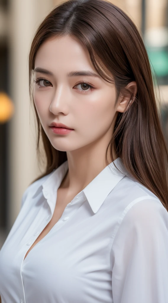 ((Best quality, 8k, Masterpiece :1.3)), Sharp focus :1.2, A pretty woman with perfect figure :1.4, Slender abs :1.2, ((Dark brown hair, Big breasts :1.2)), (White button up long shirt :1.1), City street:1.2, Highly detailed face and skin texture, Detailed eyes, Double eyelid, upper body