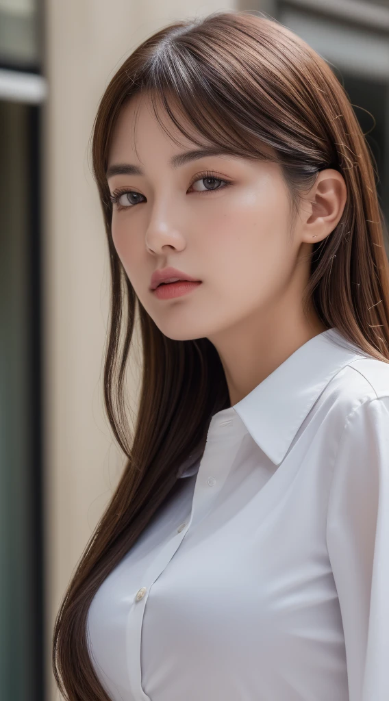 ((Best quality, 8k, Masterpiece :1.3)), Sharp focus :1.2, A pretty woman with perfect figure :1.4, Slender abs :1.2, ((Dark brown hair, Big breasts :1.2)), (White button up long shirt :1.1), City street:1.2, Highly detailed face and skin texture, Detailed eyes, Double eyelid, upper body