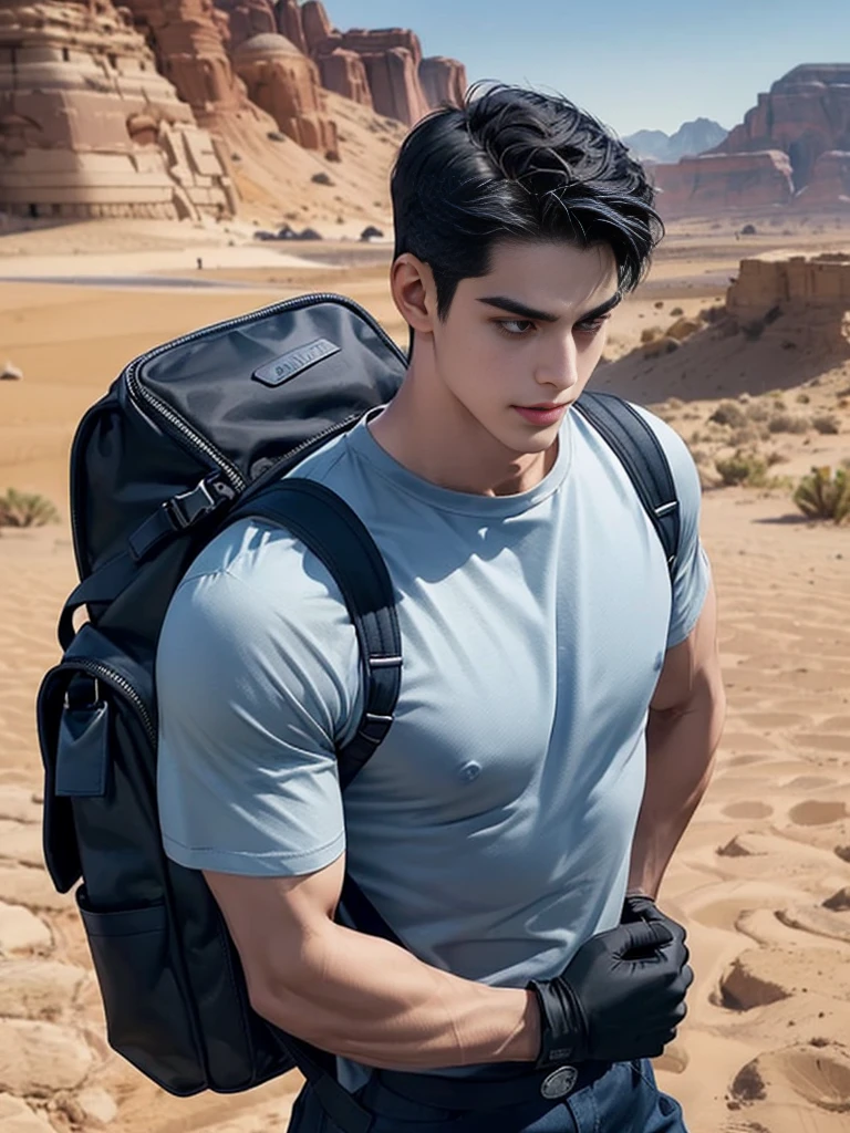 1 man,crew cut hair,(Wear a fitted round neck t-shirt in navy blue with a police badge.:1.2),Navy blue jeans,(black_gloves:1.3),(Carrying a black backpack:1.3),Korean guy,chest muscles,large arm muscles,blood vessel,Big muscles,Broad shoulders,middle of the road,(Carrying a black backpack:1.3),(In the desert:1.5),A navy blue car is in the back.,
,(driving:1.4),smile,(short hair:1.4),(full_shot:1.2),