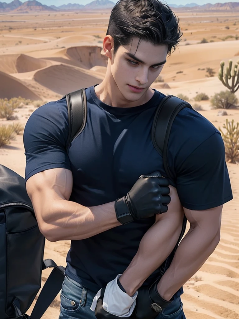 1 man,crew cut hair,(Wear a fitted round neck t-shirt in navy blue with a police badge.:1.2),Navy blue jeans,(black_gloves:1.3),(Carrying a black backpack:1.3),Korean guy,chest muscles,large arm muscles,blood vessel,Big muscles,Broad shoulders,middle of the road,(Carrying a black backpack:1.3),(In the desert:1.5),A navy blue car is in the back.,
,(driving:1.4),smile,(short hair:1.4),(full_shot:1.2),