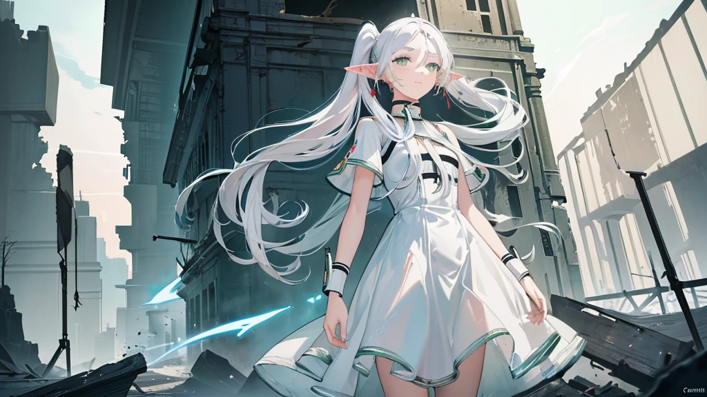 ((freeze)), ((masterpiece)), (highly saturated), (High Resolution:1.3), (professional photography:1.2), (cinematic lighting), 1 girl, alone, (Flat body), (smile), walking, Nice, elf, pointy ears, white hair, (long twin tails), green eyes, White dress, white cape, ((white aura, which emanates from her)), Magik, Magik circle, (crumbling ruins), cityscape