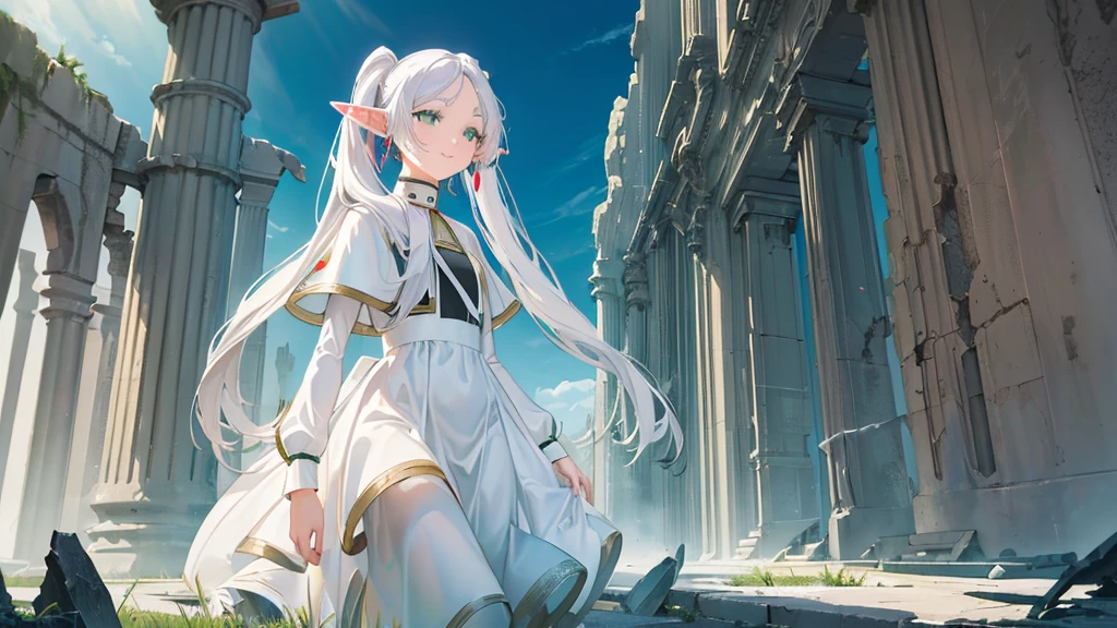 ((freeze)), ((​masterpiece)), (highly saturated), (High Resolution:1.3), (professional photography:1.2), (cinematic lighting), 1 girl, alone, (Flat body), (smile), walking, Nice, elf, pointy ears, white hair, (long twin tails), green eyes, White dress, white cape, ((white aura, which emanates from her)), Magik, Magik circle, (crumbling ruins), cityscape