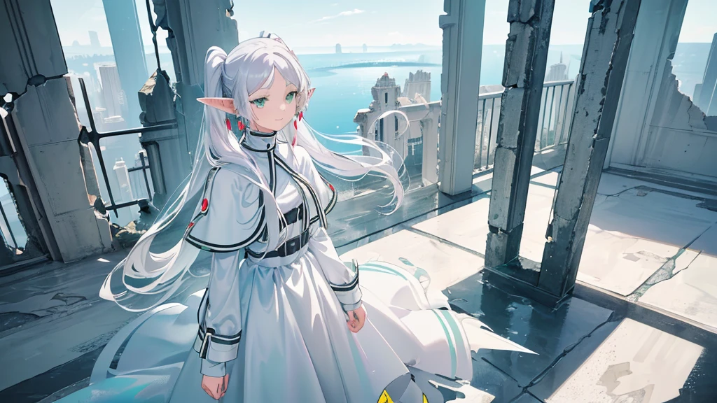 ((freeze)), ((masterpiece)), (highly saturated), (High Resolution:1.3), (professional photography:1.2), (cinematic lighting), 1 girl, alone, (Flat body), (smile), walking, Nice, elf, pointy ears, white hair, (long twin tails), green eyes, White dress, white cape, ((white aura, which emanates from her)), Magik, Magik circle, (crumbling ruins), cityscape
