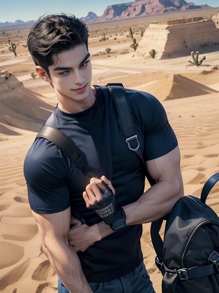 1 man,crew cut hair,(Wear a fitted round neck t-shirt in navy blue with a police badge.:1.2),Navy blue jeans,(black_gloves:1.3),(Carrying a black backpack:1.3),Korean guy,chest muscles,large arm muscles,blood vessel,Big muscles,Broad shoulders,middle of the road,(Carrying a black backpack:1.3),(In the desert:1.5),A navy blue car is in the back.,
,(driving:1.4),smile,(short hair:1.4),(full_shot:1.2),