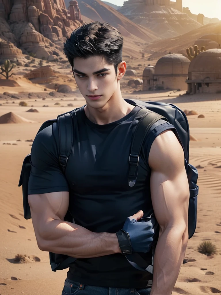 1 man,crew cut hair,(Wear a fitted round neck t-shirt in navy blue with a police badge.:1.2),Navy blue jeans,(black_gloves:1.3),(Carrying a black backpack:1.3),Korean guy,chest muscles,large arm muscles,blood vessel,Big muscles,Broad shoulders,middle of the road,(Carrying a black backpack:1.3),(In the desert:1.5),A navy blue car is in the back.,
,(driving:1.4),smile,(short hair:1.4),(full_shot:1.2),
