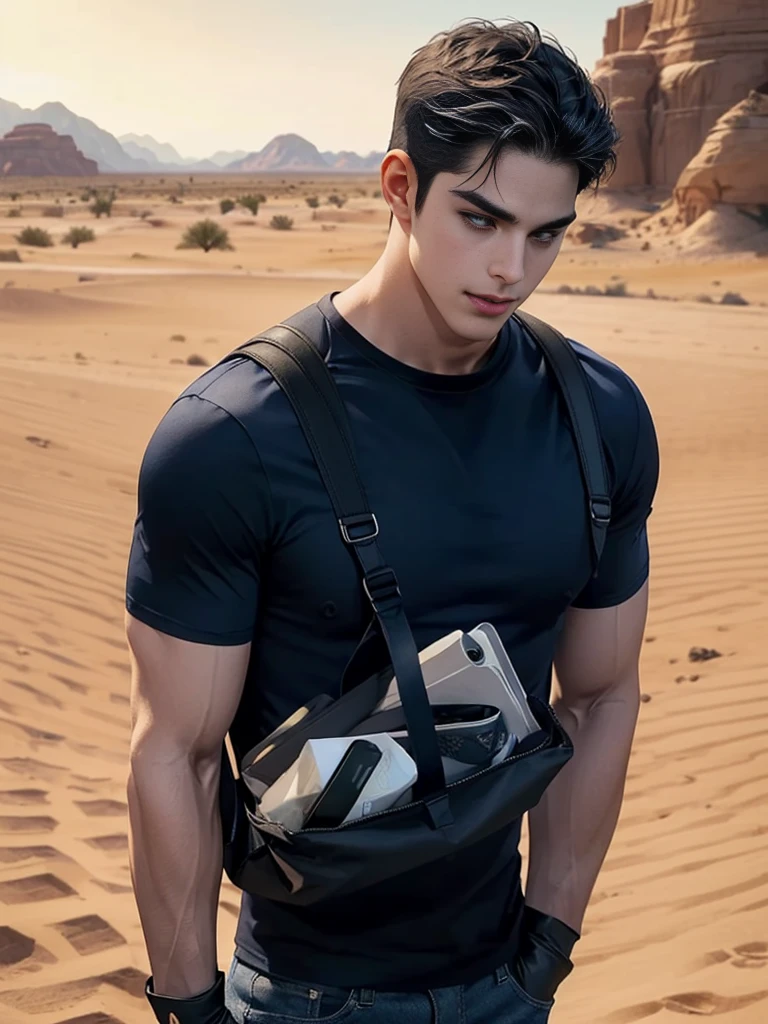 1 man,crew cut hair,(Wear a fitted round neck t-shirt in navy blue with a police badge.:1.2),Navy blue jeans,(black_gloves:1.3),(Carrying a black backpack:1.3),Korean guy,chest muscles,large arm muscles,blood vessel,Big muscles,Broad shoulders,middle of the road,(Carrying a black backpack:1.3),(In the desert:1.5),A navy blue car is in the back.,
,(driving:1.4),smile,(short hair:1.4),(full_shot:1.2),