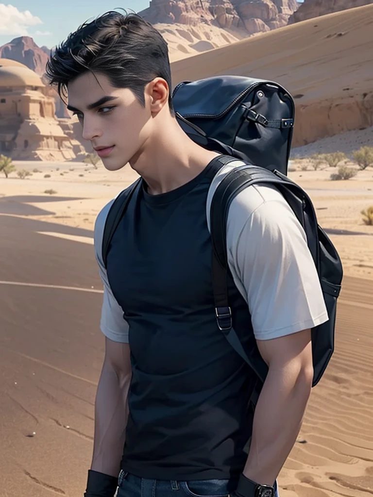 1 man,crew cut hair,(Wear a fitted round neck t-shirt in navy blue with a police badge.:1.2),Navy blue jeans,(black_gloves:1.3),(Carrying a black backpack:1.3),Korean guy,chest muscles,large arm muscles,blood vessel,Big muscles,Broad shoulders,middle of the road,(Carrying a black backpack:1.3),(In the desert:1.5),A navy blue car is in the back.,
,(driving:1.4),smile,(short hair:1.4),(full_shot:1.2),