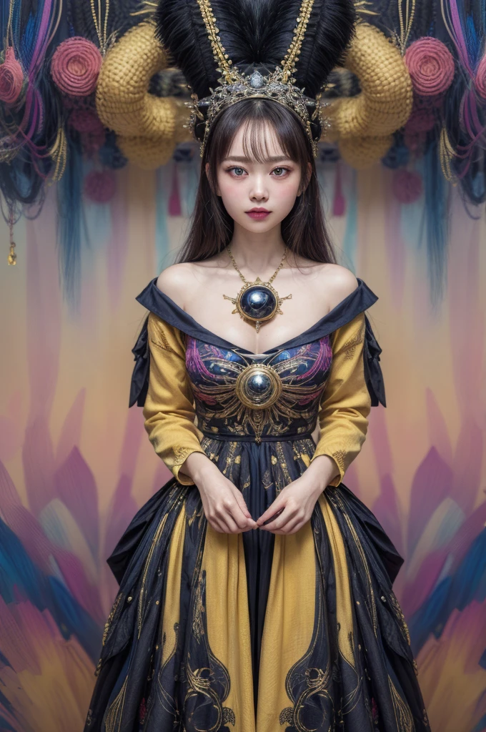 Realistic、(masterpiece、Highest quality、Highest quality、Official Art、beautifully、aesthetic:1.2)、Symmetrical face，Very detailed、woman，日本人woman，colorful、The finest details、Tangled、(The background is bright and abstract:1.5)、Bright Eyes、Back to all、Masseter region，High resolution，Idol、clavicle、photograph、movie、Eyes from below，Long Hair，View your audience、Cleavage，((surrealist clothes:1.4))，Puffy eyes，sit