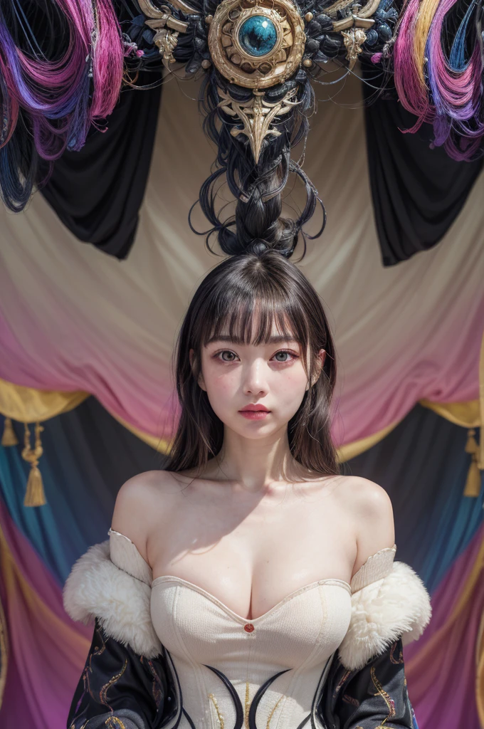 Realistic、(masterpiece、Highest quality、Highest quality、Official Art、beautifully、aesthetic:1.2)、Symmetrical face，Very detailed、woman，日本人woman，colorful、The finest details、Tangled、(The background is bright and abstract:1.5)、Bright Eyes、High resolution，Idol、clavicle、photograph、movie、Eyes from below，Long Hair，View your audience、Cleavage，((surrealist clothes:1.4))，Puffy eyes，sit