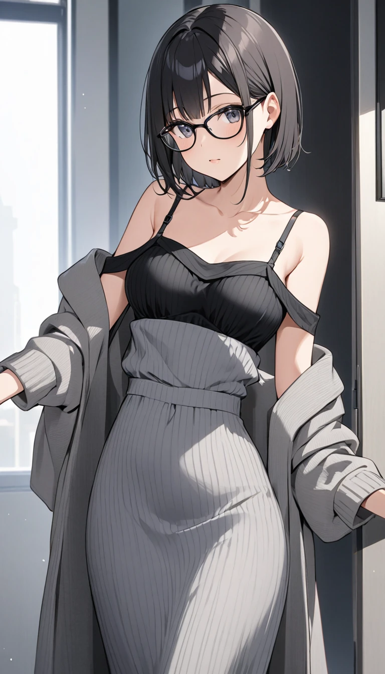 short、Black-rimmed glasses、Grey knit off-shoulder maxi dress、Black bra straps on shoulders