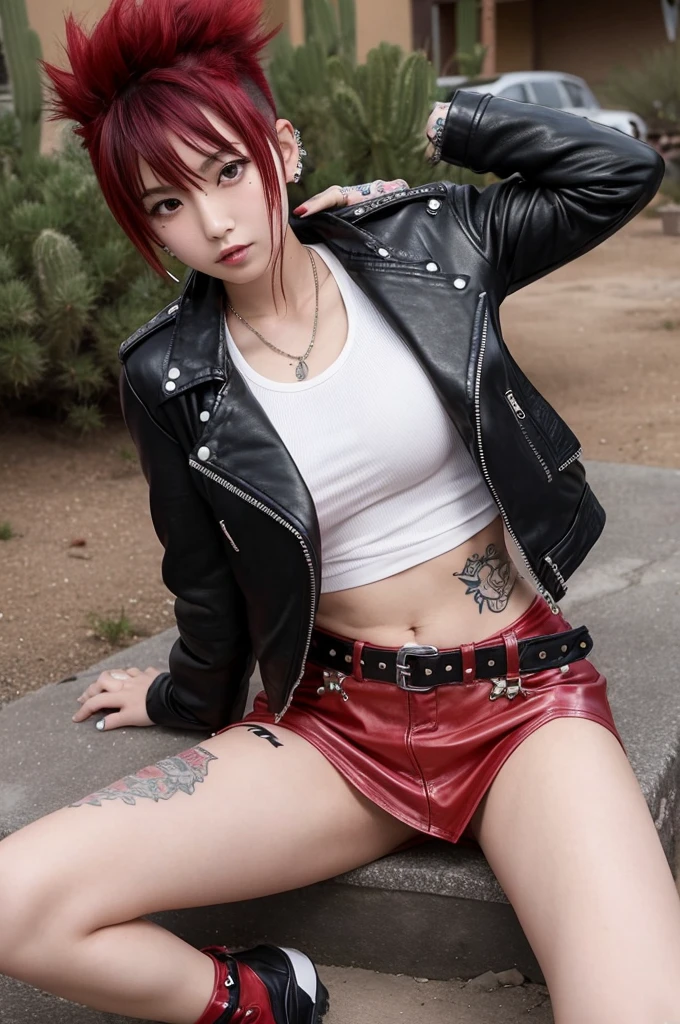 live house、Japanese young beautiful girl idol、Red Mohawk、Punk Fashion、Expose large breasts、Leather jacket with studs、Naked with a guitar between his legs、Tattoo、Giving a blowjob to an old man&#39;s erect penis、Spread your legs and expose your genitals