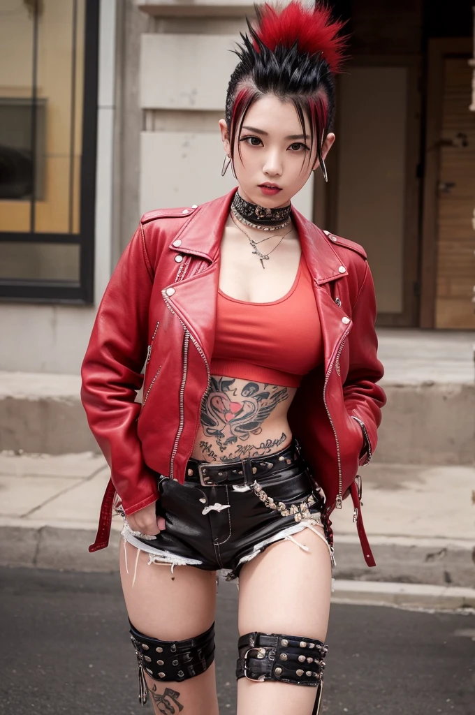 A hot windy desert town、Sweaty young Japanese idol、Red Mohawk、Punk Fashion、Expose large breasts、Leather jacket with studs、Playing guitar、Tattoo、Open your legs and expose your genitals