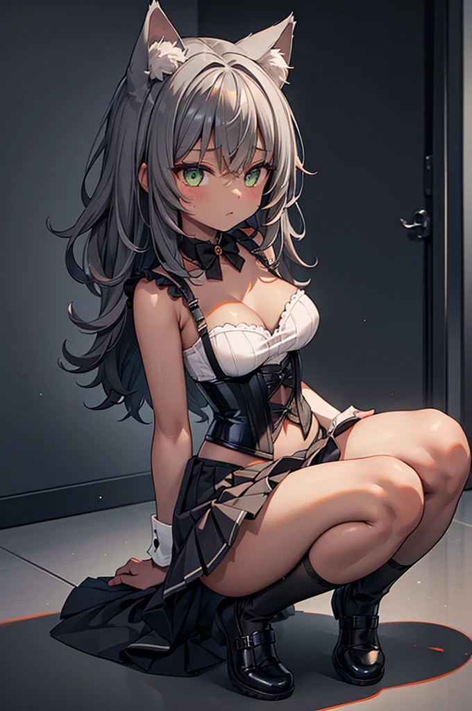 (masterpiece, best quality:1.2), full body, one girl, gray cat ears, green eyes, (dark skin), ((messy medium hair)), gray bra, gray tight skirt, ((orange corset)), no background,