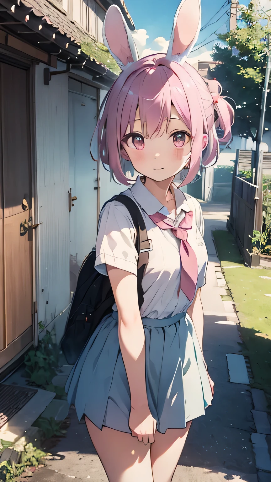 Highest quality, pretty girl, pastel colour, Fluffy bunny ears, Pink short bob,Pale pink eyes,Age 25,uniform,School