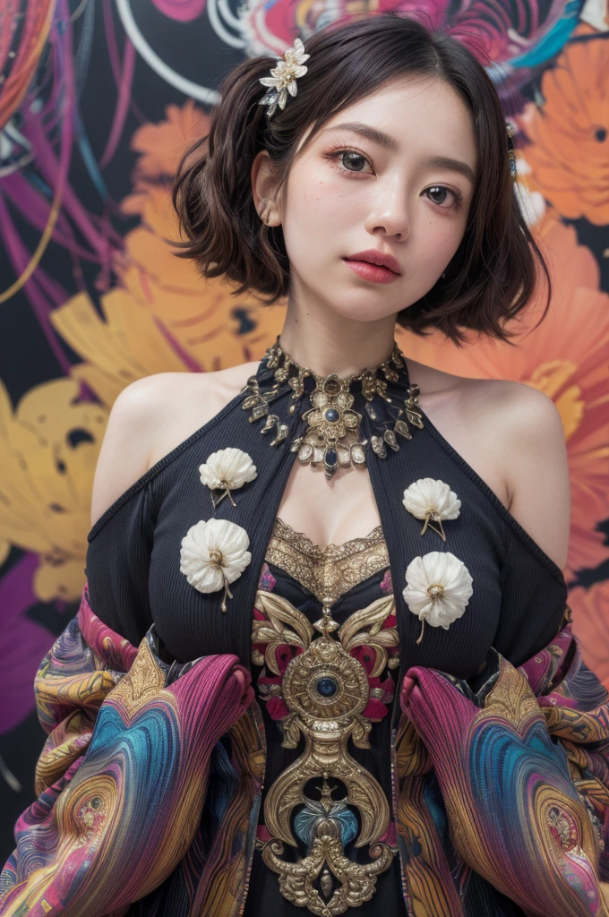 (Official Art, beautifully、aesthetic:1.2), (One girl:1.3),(Fractal Art:1.1),(colorful:1.1)(Flowers:1.3),Most detailed,(Zentangle:1.2), whole body, (Abstract background:1.3), (Shiny skin), (Many colors:1.4), ,(Earrings), (feather:1.5),