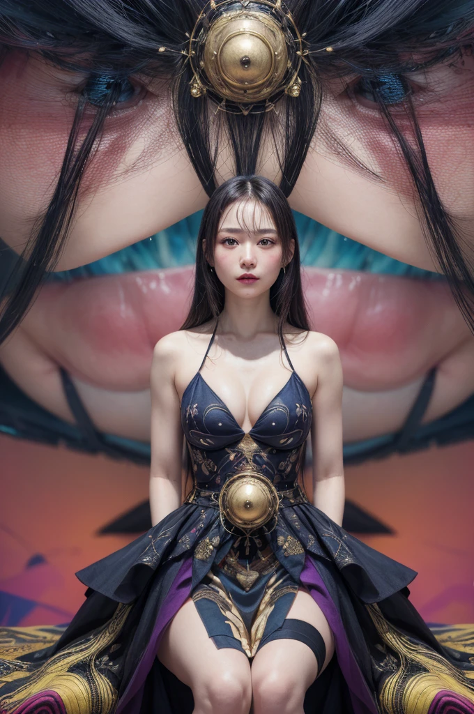 Realistic、(masterpiece、Highest quality、Highest quality、Official Art、beautifully、aesthetic:1.2)、Symmetrical face，Very detailed、woman，日本人woman，colorful、The finest details、Tangled、(The background is bright and abstract:1.5)、Bright Eyes、High resolution，Idol、clavicle、photograph、movie、Eyes from below，Long Hair，View your audience、Cleavage，((surrealist clothes:1.4))，Puffy eyes，sit