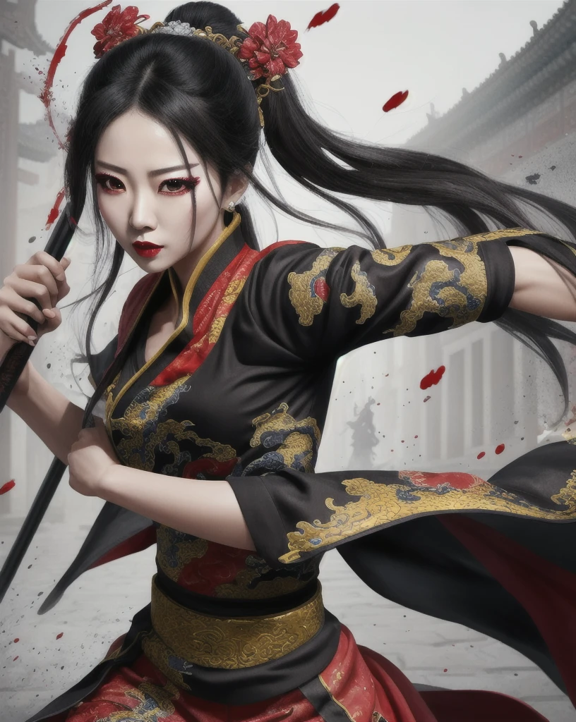 Color Ink Splashing, best quality,masterpiece,highly detailed,ultra-detailed,   beijing opera, solo, 1girl, black hair, makeup  ,fighting stance, holding weapon, portrait, 
<f