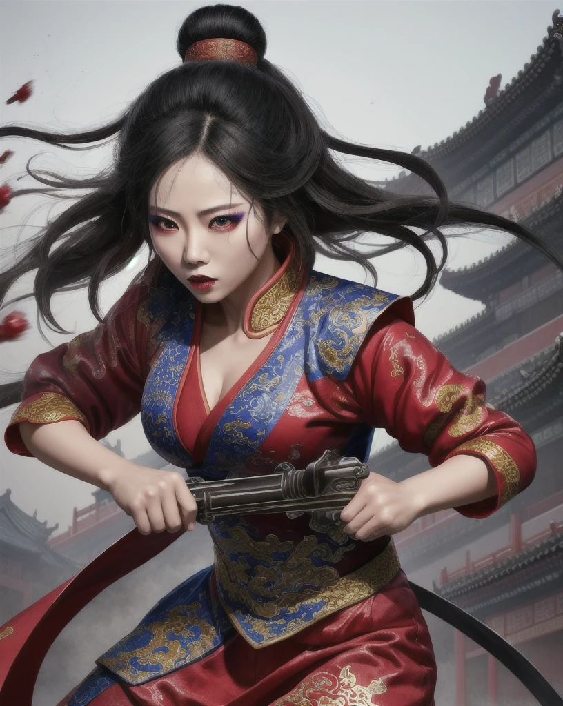 Color Ink Splashing, best quality,masterpiece,highly detailed,ultra-detailed,   beijing opera, solo, 1girl, black hair, makeup  ,fighting stance, holding weapon, portrait, 
<f