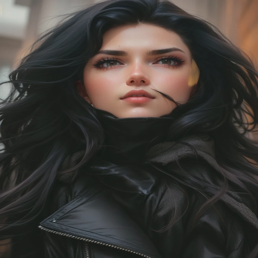 curvy woman with long black hair and a black jacket, woman with long black hair, long black hair tousled by the wind, mulher with black hair, young man with long dark hair, long wavy black hair, profile picture with headshot, long wavy black hair, with black hair, Long flowing black hair, dark hair tousled by the wind, long wavy black hair