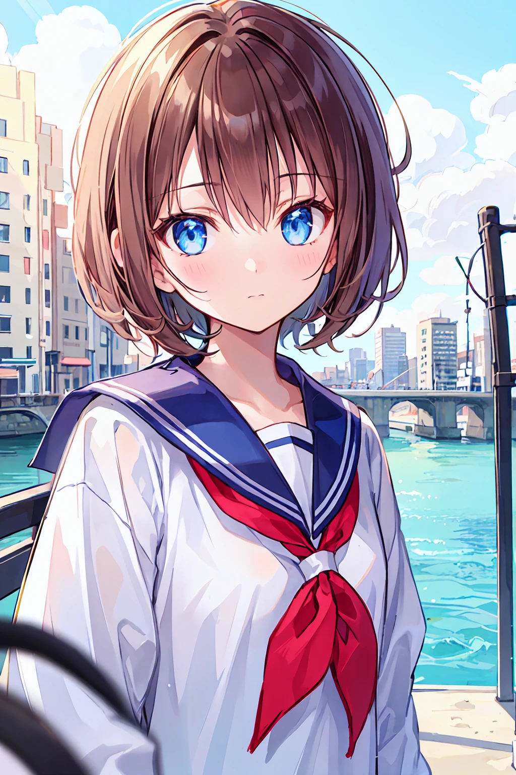 Ski Style, One girl, alone, Brown Hair,  blue eyes, wing, View your viewers, bangs, short hair, Sailor collar, white Sailor collar, shirt, white shirt, Bobcut, Portraiture, detached wing, compensate, Upper Body, Background city