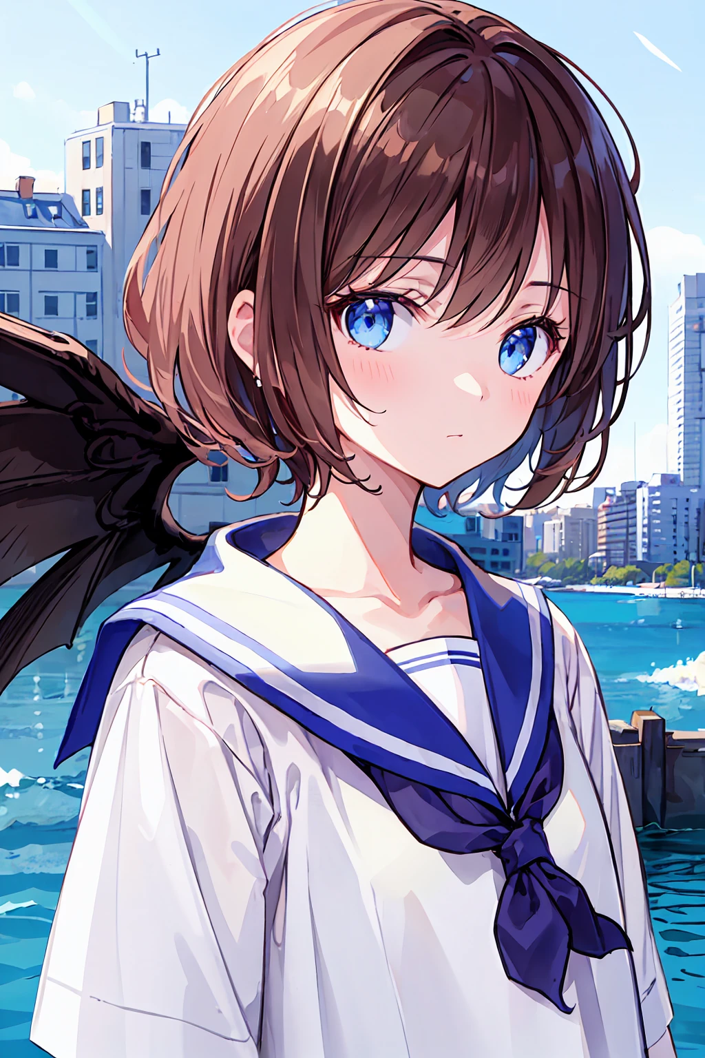 Ski Style, One girl, alone, Brown Hair, blue eyes, wing, View your viewers, bangs, short hair, Sailor collar, white Sailor collar, shirt, white shirt, Bobcut, Portraiture, detached wing, compensate, Upper Body, Background city