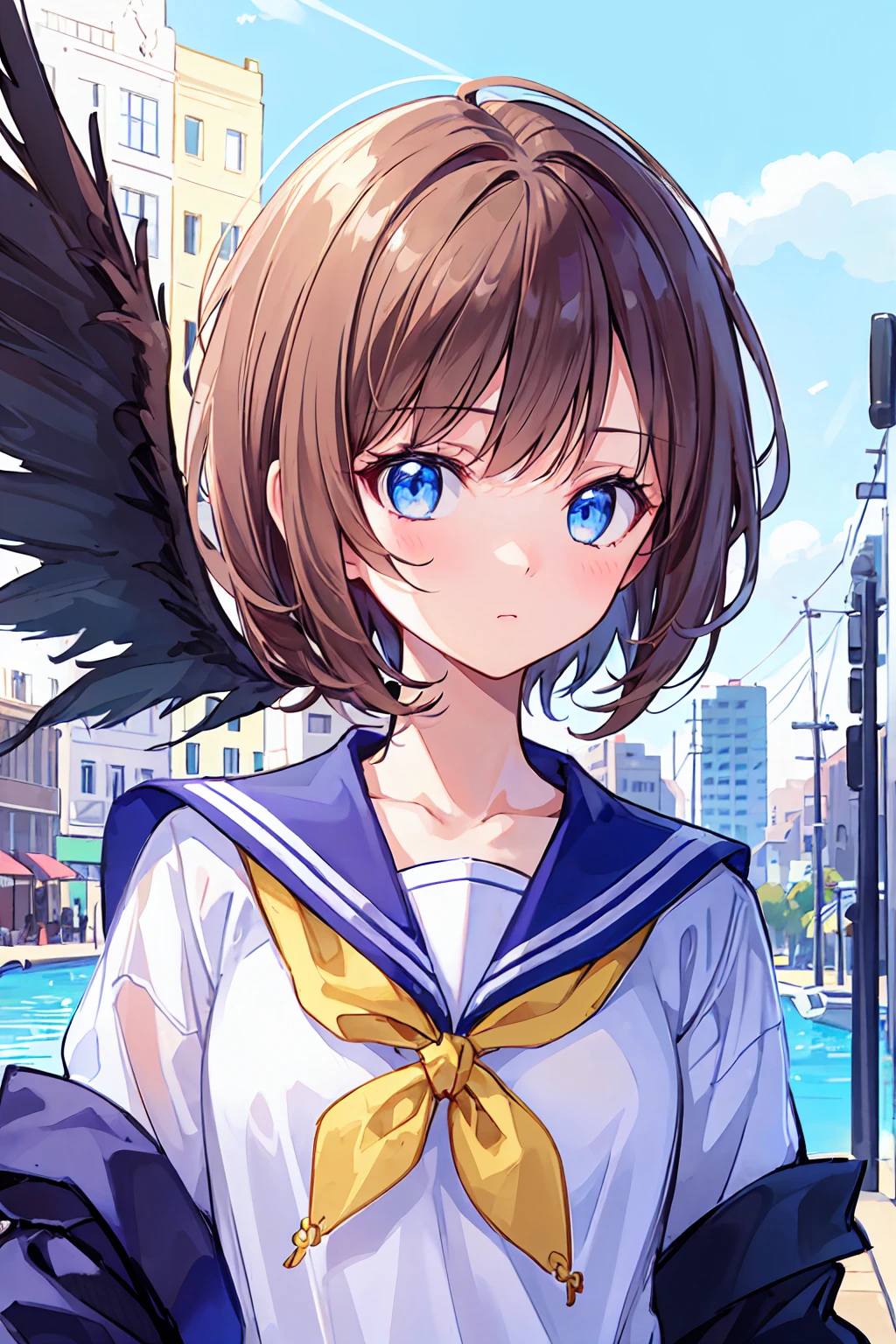 Ski Style, One girl, alone, Brown Hair,  blue eyes, wing, View your viewers, bangs, short hair, Sailor collar, white Sailor collar, shirt, white shirt, Bobcut, Portraiture, detached wing, compensate, Upper Body, Background city