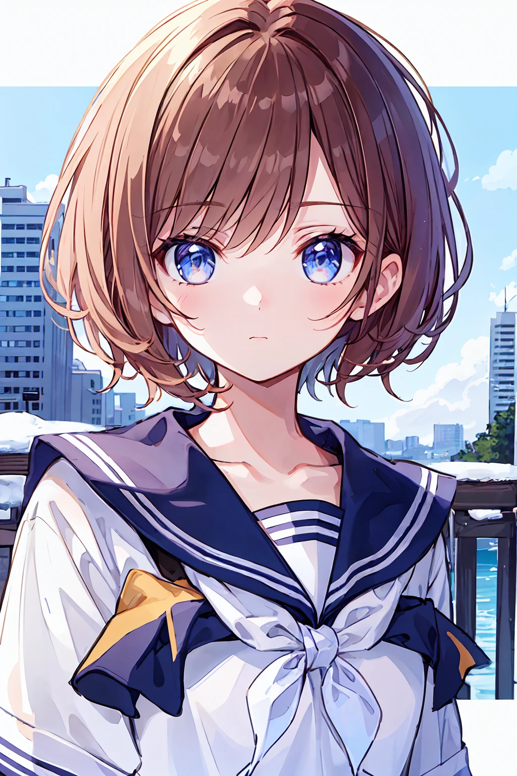 Ski Style, One girl, alone, Brown Hair, blue eyes, wing, View your viewers, bangs, short hair, Sailor collar, white Sailor collar, shirt, white shirt, Bobcut, Portraiture, detached wing, compensate, Upper Body, Background city