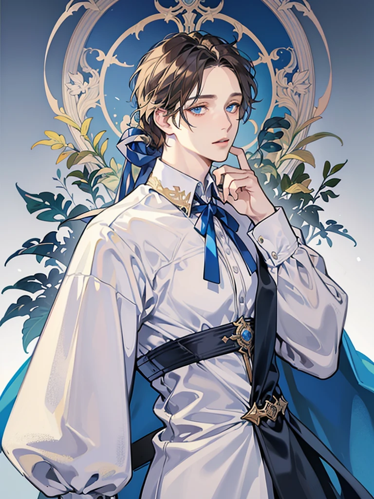 Portrait of Heinrich Heine, white skin, greyish-blue eyes, silky golden-brown hair, refined features, charp jawline, clean shaved, white laced shirt, Art Nouveau style, Mucha style, Mucha background, realism, high quality