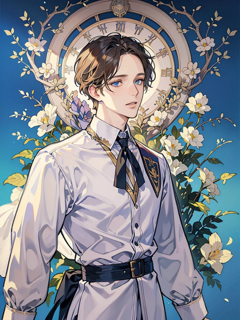 Portrait of Heinrich Heine, white skin, greyish-blue eyes, silky golden-brown hair, refined features, charp jawline, clean shaved, white laced shirt, Art Nouveau style, Mucha style, Mucha background, realism, high quality