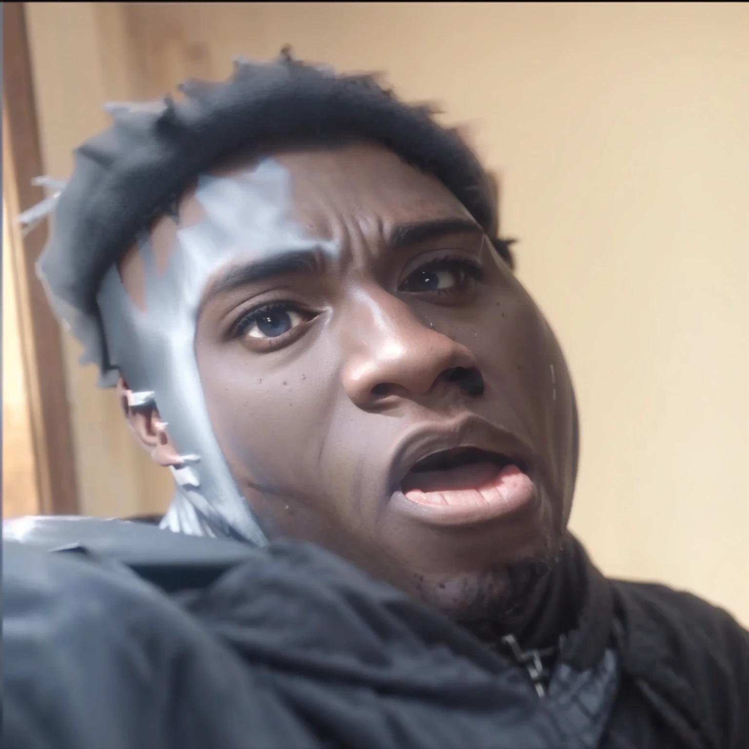 arafed man with a surprised look on his face, he is screaming, looking surprised, insane face, mkbhd as iron man, he is in shock, bony face, bladee from drain gang, very surprised, man is with black skin, horrified look in his eyes, huge surprised eyes, looking confused, bruh moment, black age boy