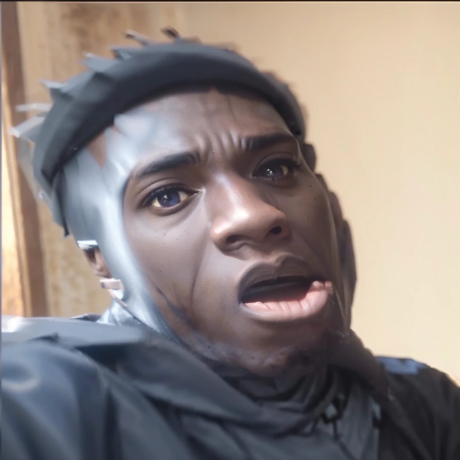 arafed man with a surprised look on his face, he is screaming, looking surprised, insane face, mkbhd as iron man, he is in shock, bony face, bladee from drain gang, very surprised, man is with black skin, horrified look in his eyes, huge surprised eyes, looking confused, bruh moment, black teenage boy