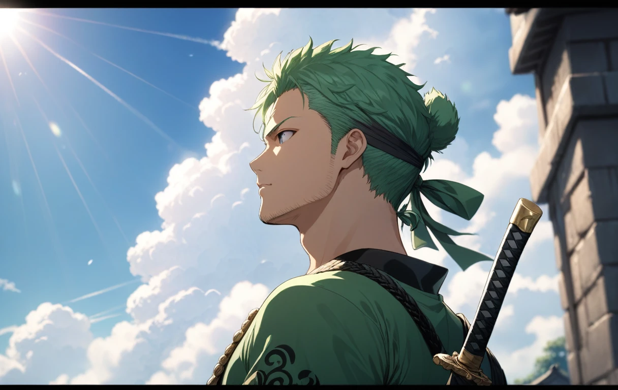 masterpiece, best quality,
1boy, solo, Roronoa Zoro, outdoors, letterboxed, , day, sky, looking up, cloud, sunlight, upper body, from side, blurry, blue sky, depth of field,
highres, 4k, 8k, intricate detail, cinematic lighting, amazing quality, wallpaper