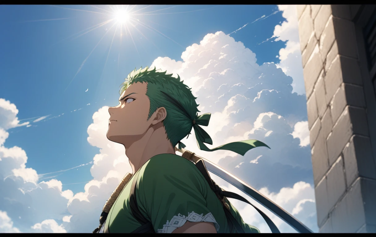 masterpiece, best quality,
1boy, solo, Roronoa Zoro, outdoors, letterboxed, , day, sky, looking up, cloud, sunlight, upper body, from side, blurry, blue sky, depth of field,
highres, 4k, 8k, intricate detail, cinematic lighting, amazing quality, wallpaper 