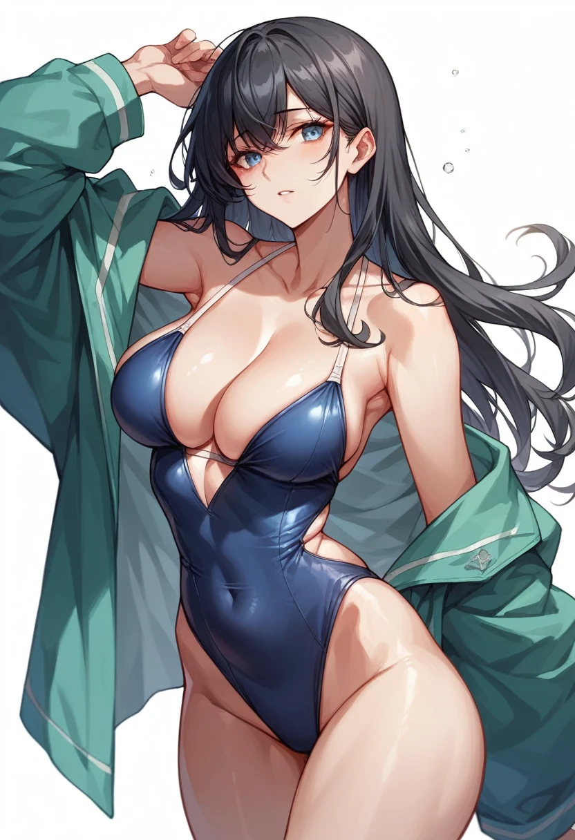 masterpiece,Highest quality,High resolution,shape,Very detailed,8k CG wallpaper,One Girl,Ray Tracing,Beautiful breasts,Long black hair, Navy blue oversized swimsuit,White background