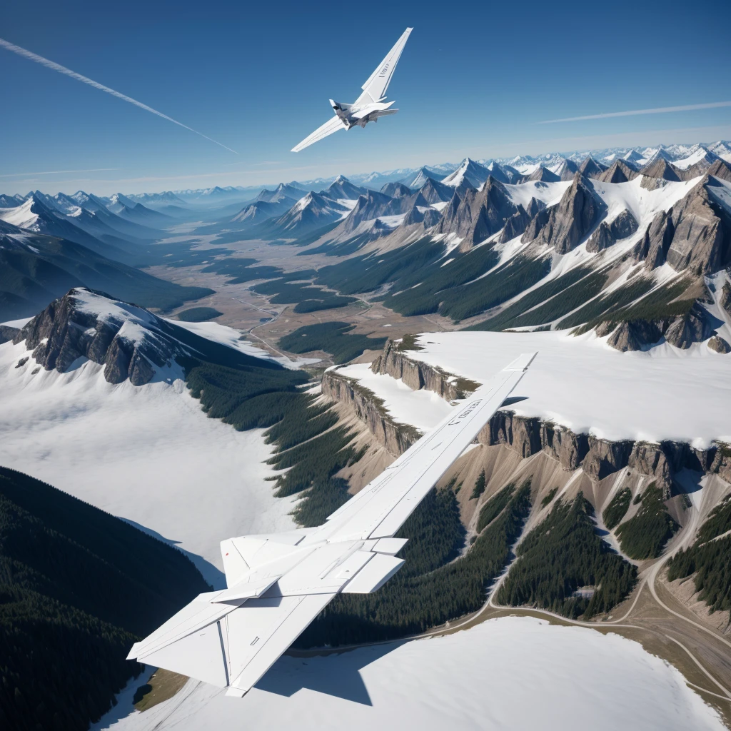 A paper airplane, High definition, horizont, paper plane flying between mountains and blue sky. Airplane made of paper.