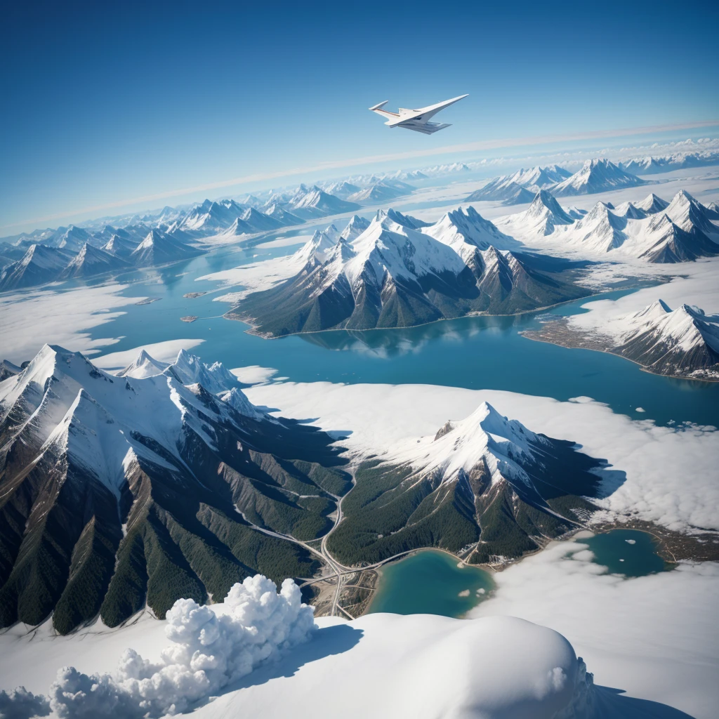 A paper airplane, High definition, horizont, paper plane flying between mountains and blue sky. Airplane made of paper.