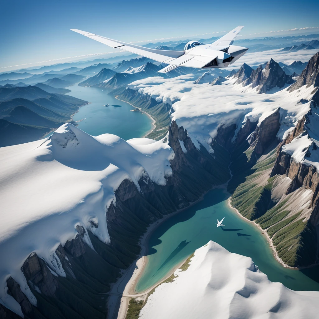  A paper airplane, High definition, horizont, paper plane flying between mountains and blue sky. Airplane made of paper.