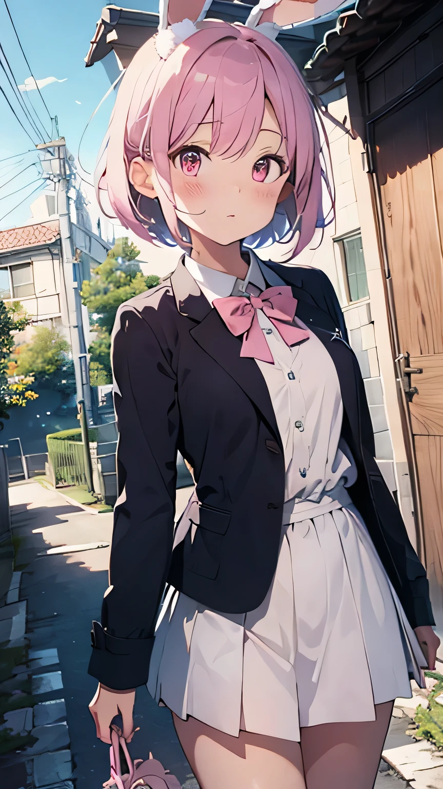 Highest quality, pretty girl, pastel colour, Fluffy bunny ears, Pink short bob,Pale pink eyes,Age 25,uniform,School