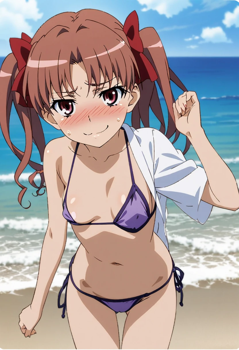 1girl, shirai kuroko, toaru majutsu no index ,micro bikini, purple bikini, one breast out, nsfw, anime, official art, beach, smile, nose blush, shy laugh,