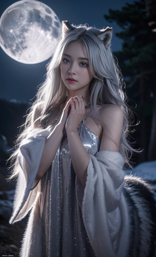 Beautiful and perfect 8k ultra high definition professional photos, Focus, In a stunning fantasy world, 20-year-old cute silver-haired girl，The hands are beautiful,( (A girl and a mysterious giant wolf)), , In the moonlight of the night