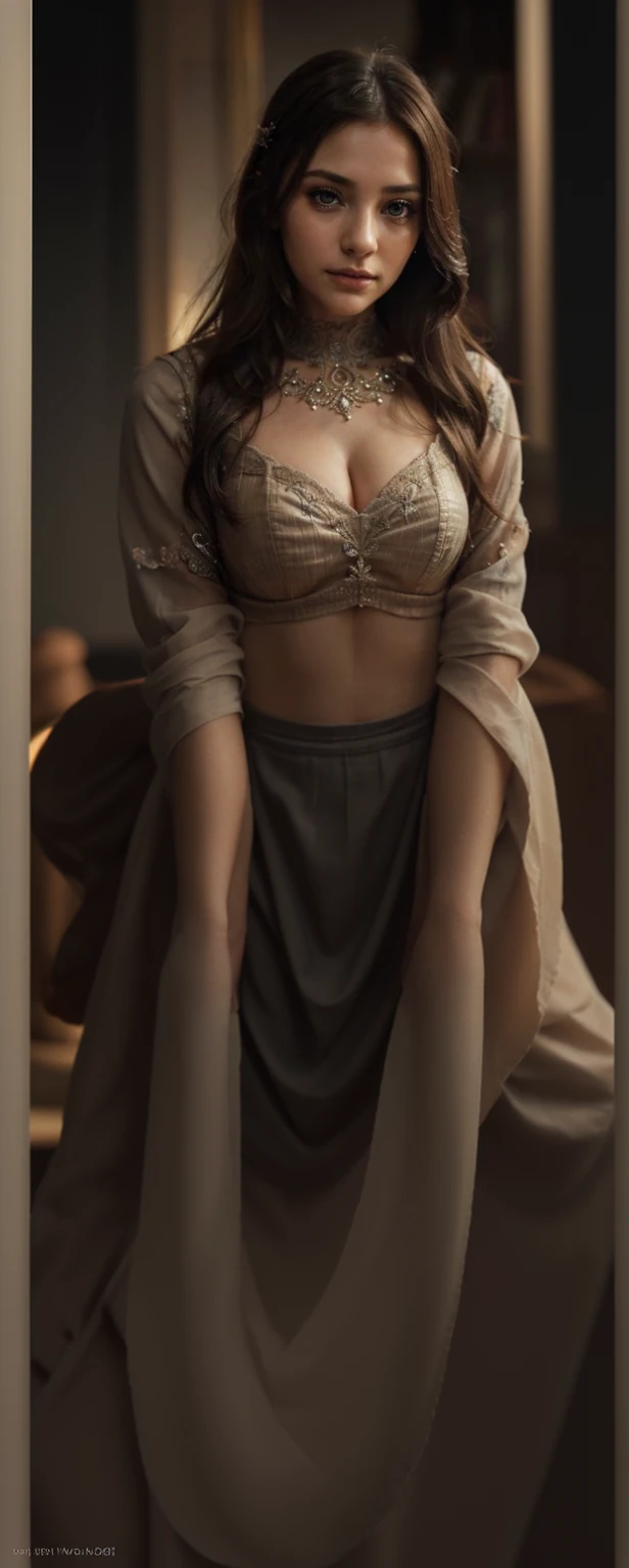 a beautiful detailed girl with soft features, relief and admiration expression, listening intently, faint smile, detailed face and eyes, long eyelashes, oil painting, photorealistic, 8k, hyper detailed, masterpiece, serene mood, warm lighting, atmospheric