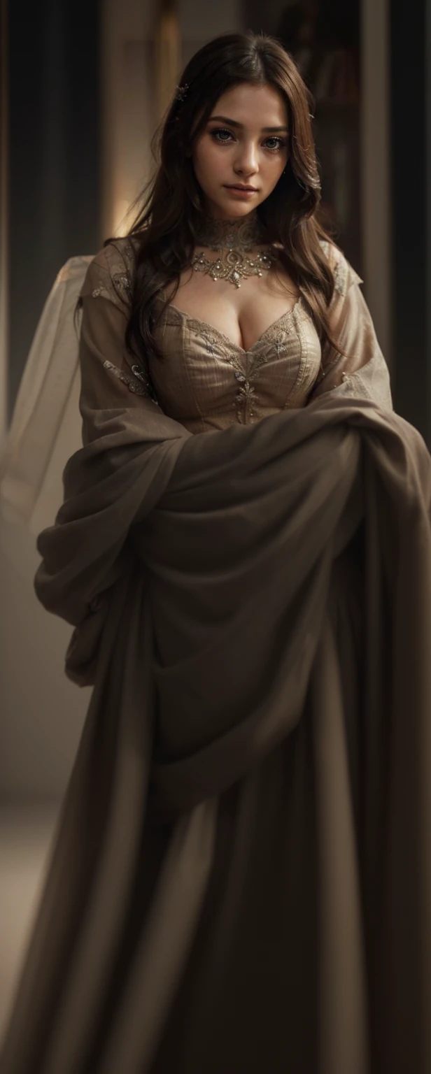 a beautiful detailed girl with soft features, relief and admiration expression, listening intently, faint smile, detailed face and eyes, long eyelashes, oil painting, photorealistic, 8k, hyper detailed, masterpiece, serene mood, warm lighting, atmospheric