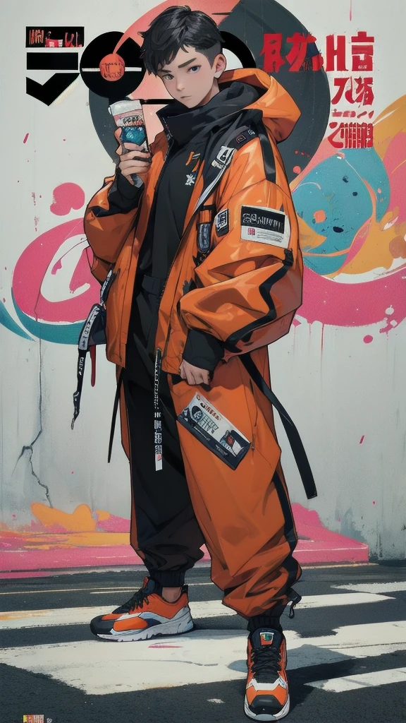 (masterpiece:1.3), (Best quality:1.3), 8K, boy, One, (Unique style of clothing), Unusual clothes, ((Streetwear style)), magazine cover, ((full length)), (Fair-haired), face mask, text on magazine