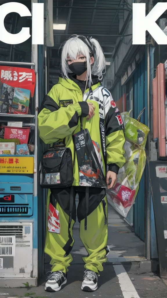 (masterpiece:1.3), (Best quality:1.3), 8K, boy, One, (Unique style of clothing), Unusual clothes, ((Streetwear style)), magazine cover, ((full length)), (Fair-haired), face mask, text on magazine