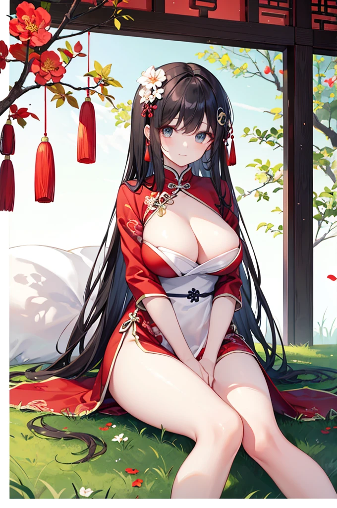 Beautiful Chinese girl,Wearing Hanfu,(transparent),Black long hair,watcher,Sitting on the grass,Lovely,A slight smile on the face,Large bust,Beautiful breasts are long and naturally droopy,Cleavage close-up,(Slim legs:10.0),Peerless Beauty,Wearing Chinese ancient jade hairpin jewelry,Red leg